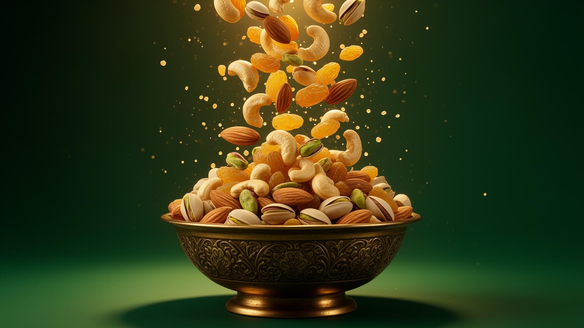 Dry fruits cascading into a brass bowl