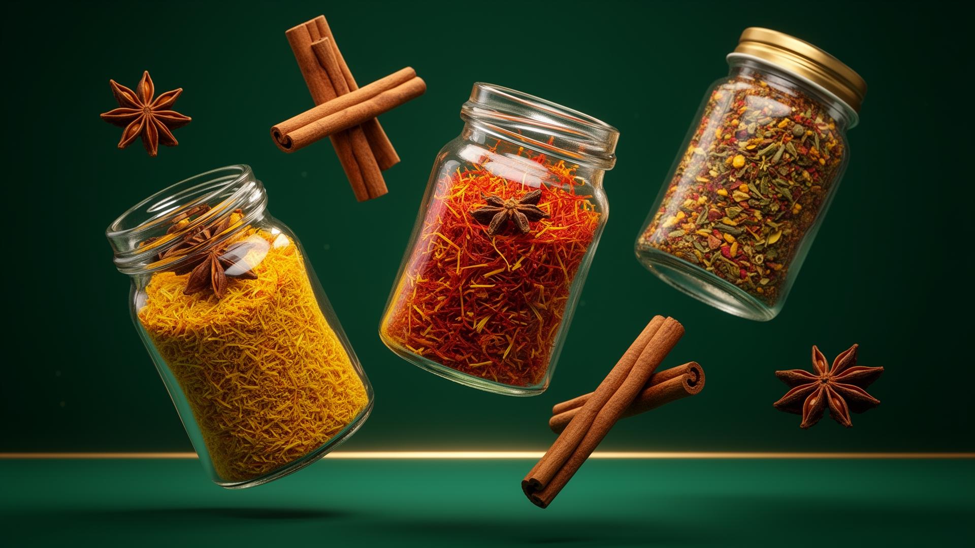 Floating glass jars with saffron, cinnamon and herbs