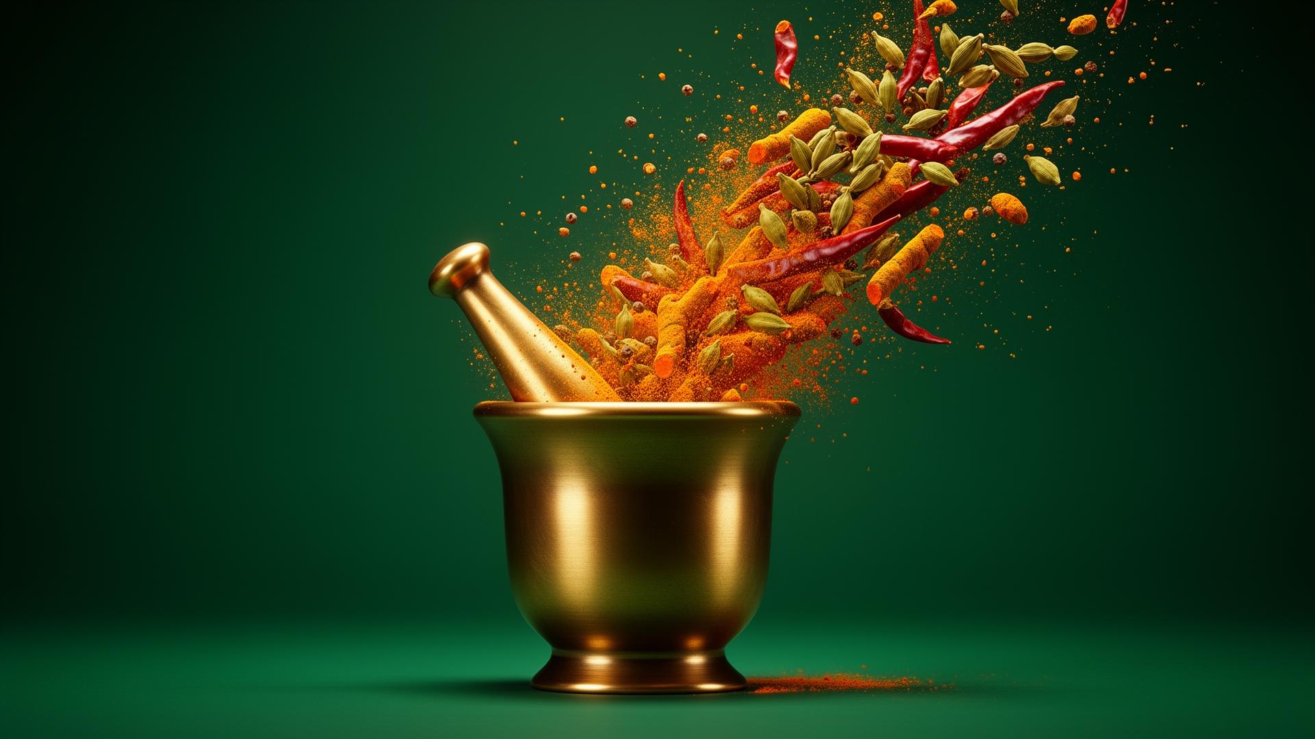 Premium spices, saffron, cardamom and dry fruits arranged in brass bowls