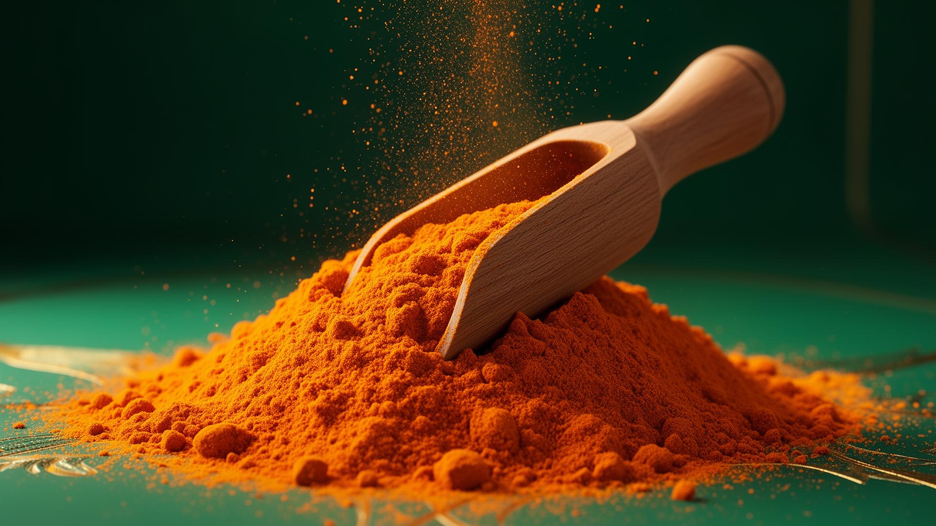 Wooden scoop in a heap of turmeric powder