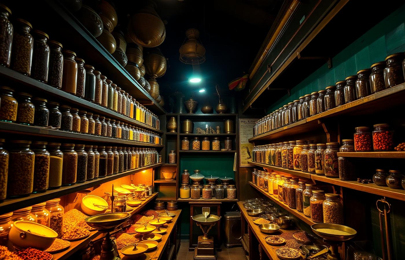 Traditional pansari shop interior with jars of spices