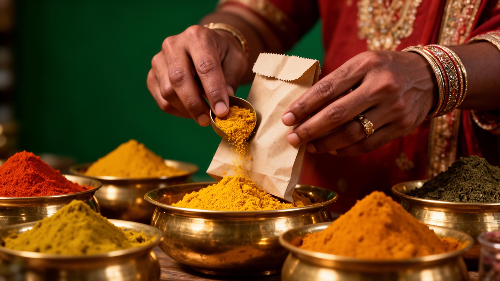 Hands carefully packing fresh ground turmeric