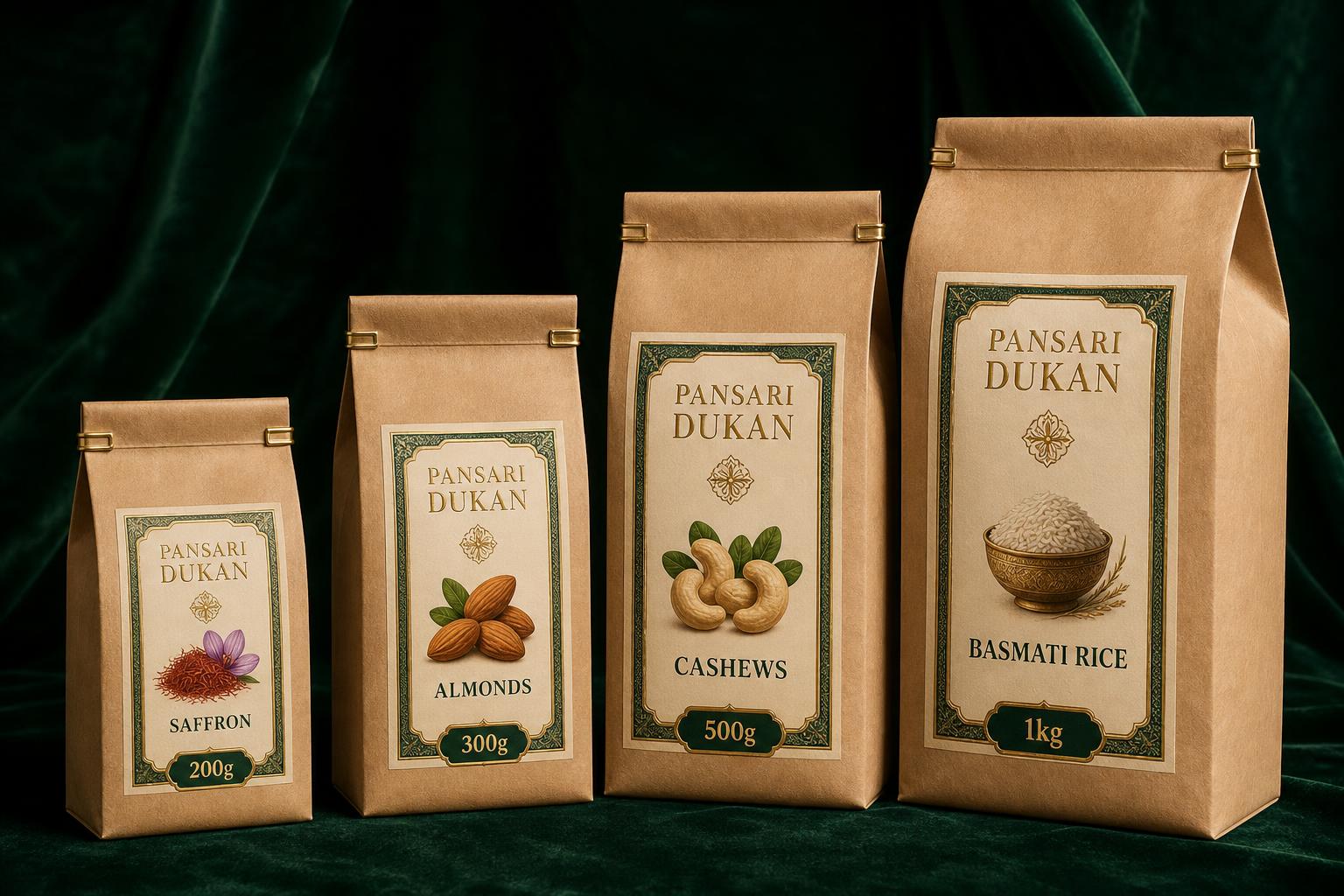 Pansari Dukan packaging family — 200g, 300g, 500g, 1kg